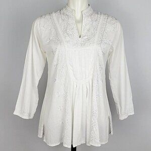 Women's White Embroidered Pleated Cotton Tunic Top Nehru Collar Split Neck Sz M